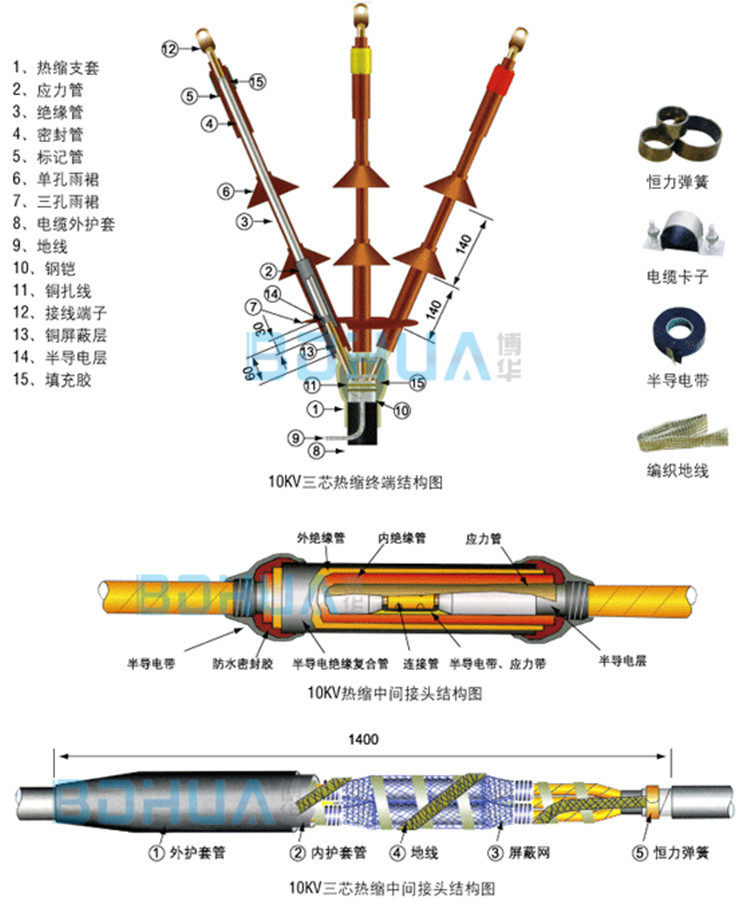 博华10kv 户内热缩式电缆终端头 70-120mm